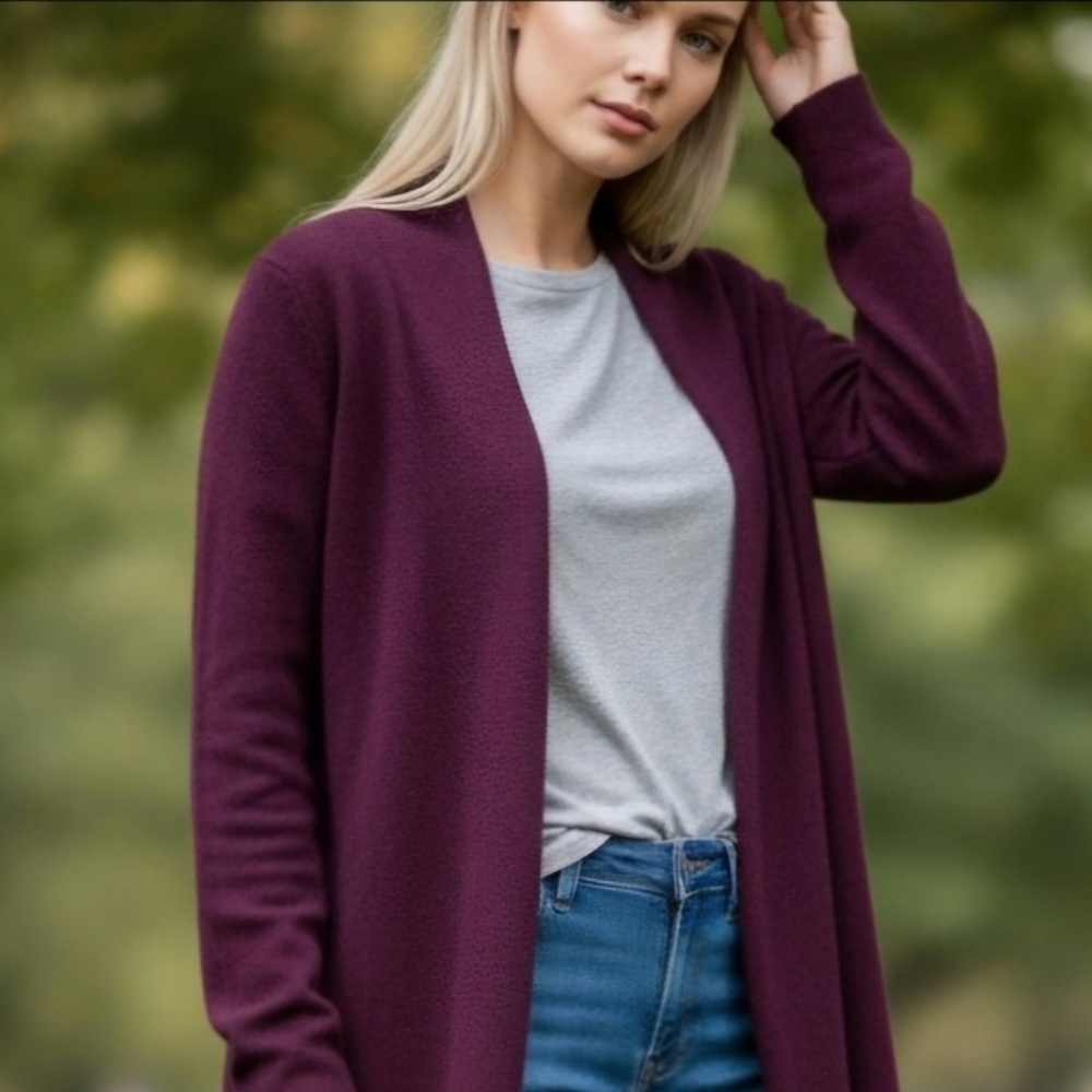 Griffen S Cashmere NWT‎ Plum Open Front Cardigan  Lightweight Layering Capsule
